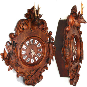 Exq Antique Black Forest Carved 28.5" Wall Clock, Fruits of the Hunt Themed Deer & Game Hen or Bird