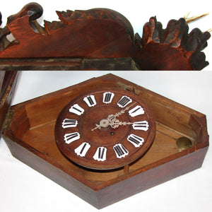 Exq Antique Black Forest Carved 28.5" Wall Clock, Fruits of the Hunt Themed Deer & Game Hen or Bird