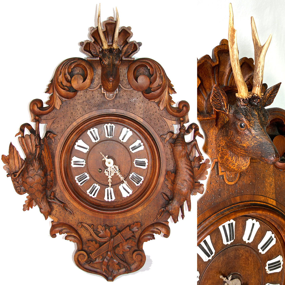 Exq Antique Black Forest Carved 28.5" Wall Clock, Fruits of the Hunt Themed Deer & Game Hen or Bird