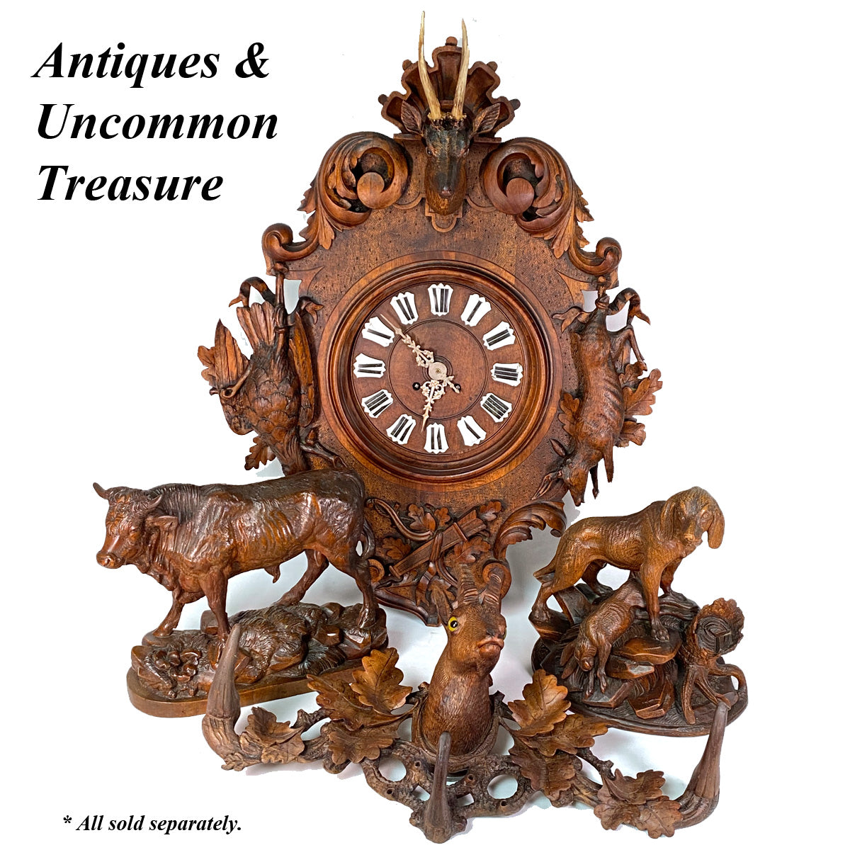 Exq Antique Black Forest Carved 28.5" Wall Clock, Fruits of the Hunt Themed Deer & Game Hen or Bird