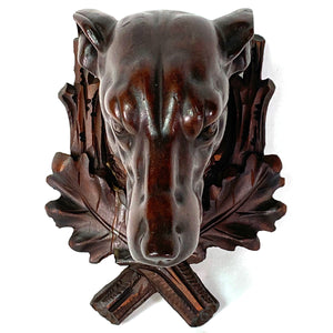 Antique Victorian Era Black Forest Carved Trophy Style Wall Plaque, Hunting Dog Figure with Collar