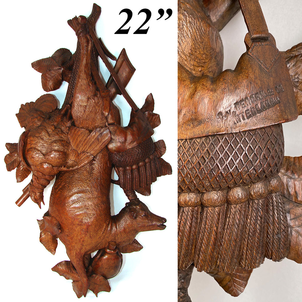 Antique Black Forest Carved 22" Wall Sculpture, Superb "Fruits of the Hunt" Theme Figures