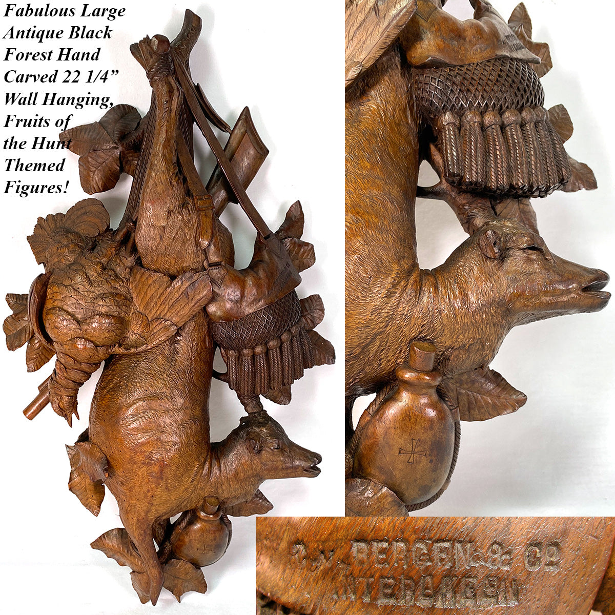 Antique Black Forest Carved 22" Wall Sculpture, Superb "Fruits of the Hunt" Theme Figures