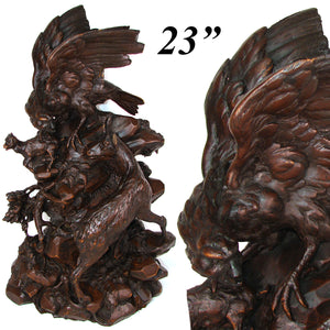 HUGE Antique Victorian Black Forest Carved 23" Sculpture, Eagle or Hawk & Chamois or Mountain Goat Figures