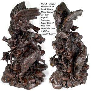 HUGE Antique Victorian Black Forest Carved 23" Sculpture, Eagle or Hawk & Chamois or Mountain Goat Figures