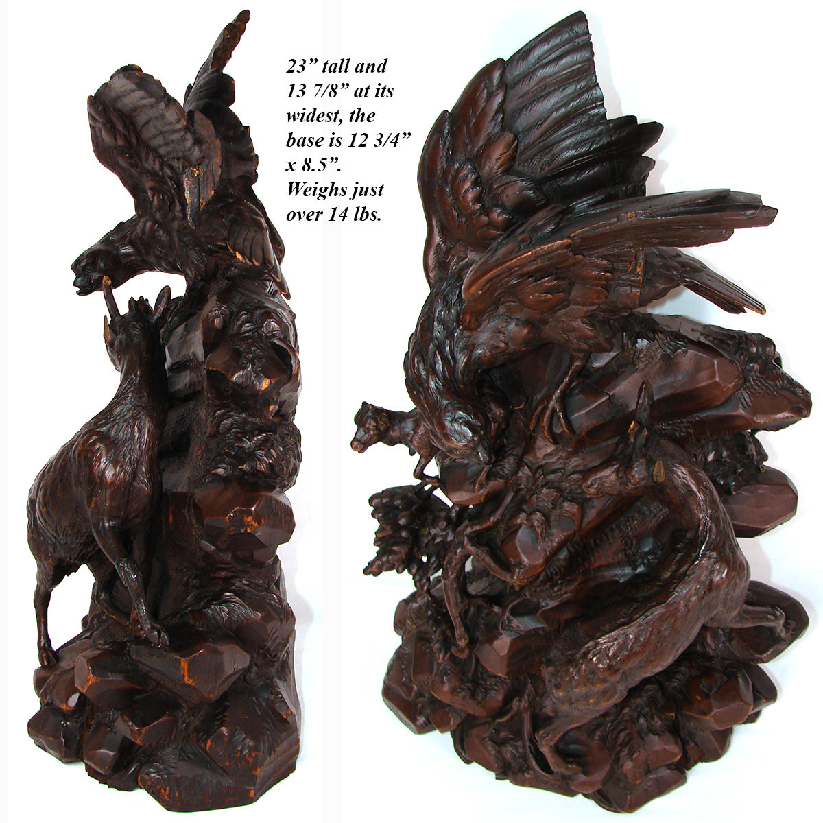 HUGE Antique Victorian Black Forest Carved 23" Sculpture, Eagle or Hawk & Chamois or Mountain Goat Figures