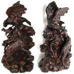 HUGE Antique Victorian Black Forest Carved 23" Sculpture, Eagle or Hawk & Chamois or Mountain Goat Figures