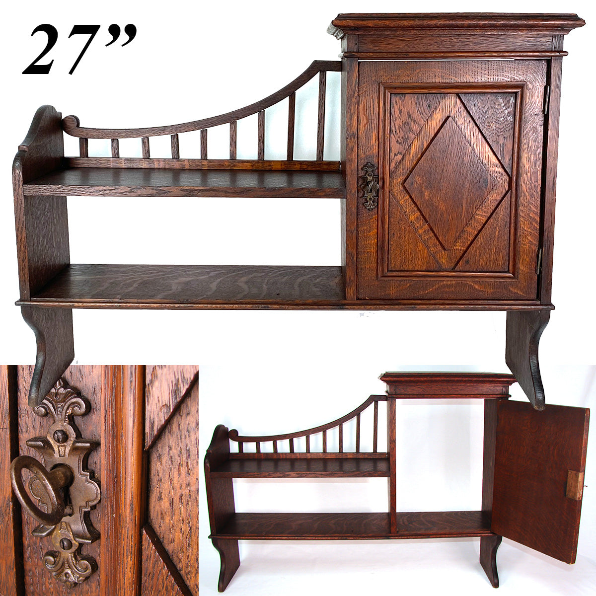 Antique Edwardian Era 27" Wide Oak Cabinet & Double Shelf, Freestanding or Wall Mount