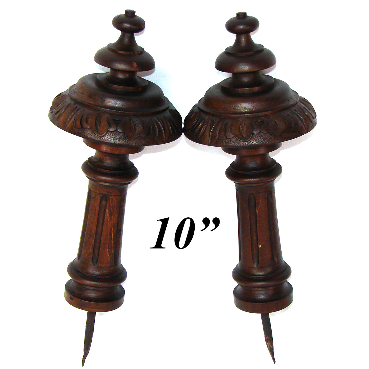 Antique Victorian Era Turned & Carved Wood Drapery Holdback, Tieback Pair, 4" Diameters