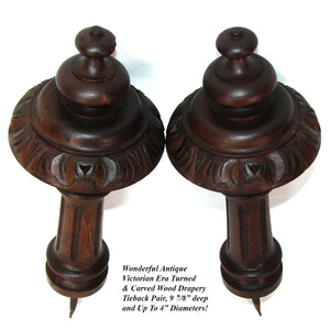 Antique Victorian Era Turned & Carved Wood Drapery Holdback, Tieback Pair, 4" Diameters