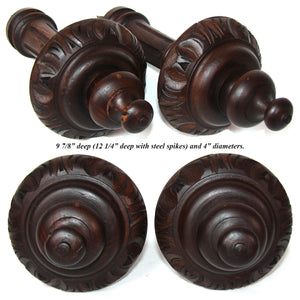 Antique Victorian Era Turned & Carved Wood Drapery Holdback, Tieback Pair, 4" Diameters