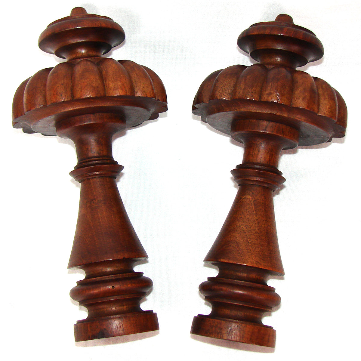 Antique Victorian Era Turned & Carved Wood Drapery Holdback, Tieback Pair, 4" Diameters