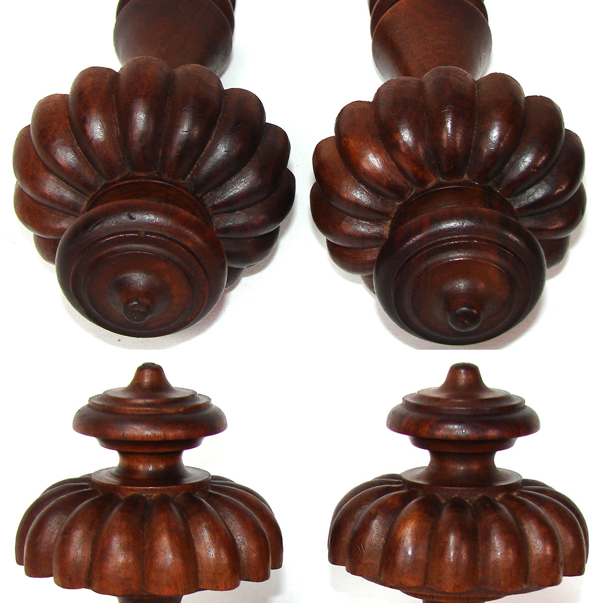 Antique Victorian Era Turned & Carved Wood Drapery Holdback, Tieback Pair, 4" Diameters