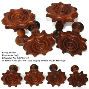 Antique Victorian Turned & Carved 4pc Wood Drapery Holdback, Tieback Set, 4" Wide