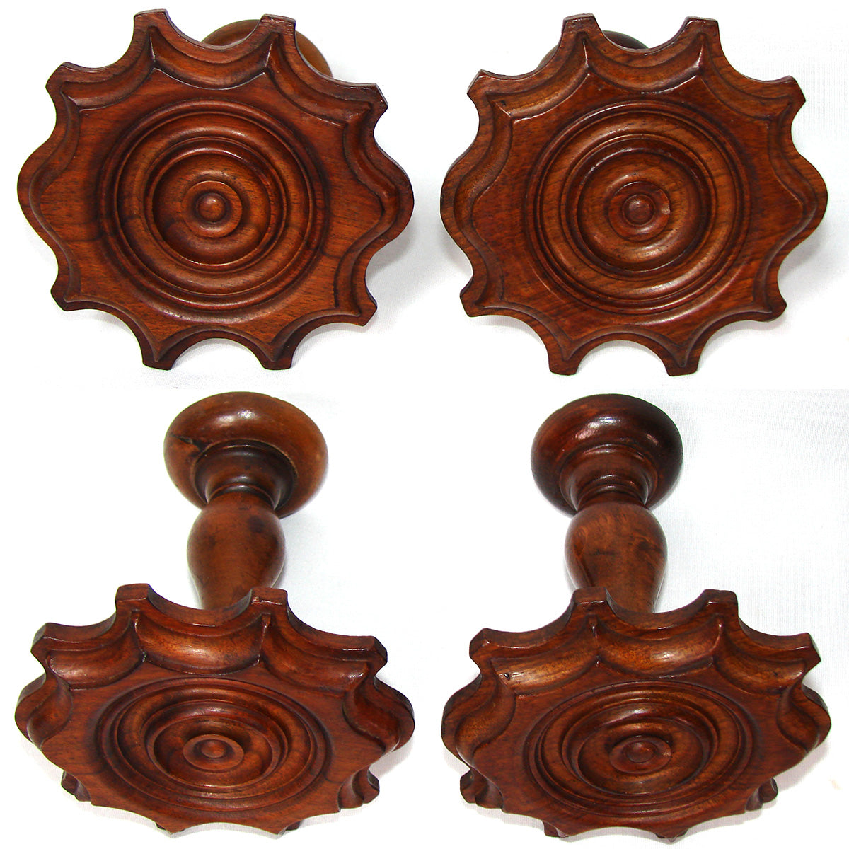 Antique Victorian Turned & Carved 4pc Wood Drapery Holdback, Tieback Set, 4" Wide