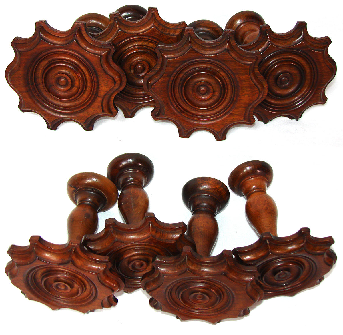 Antique Victorian Turned & Carved 4pc Wood Drapery Holdback, Tieback Set, 4" Wide