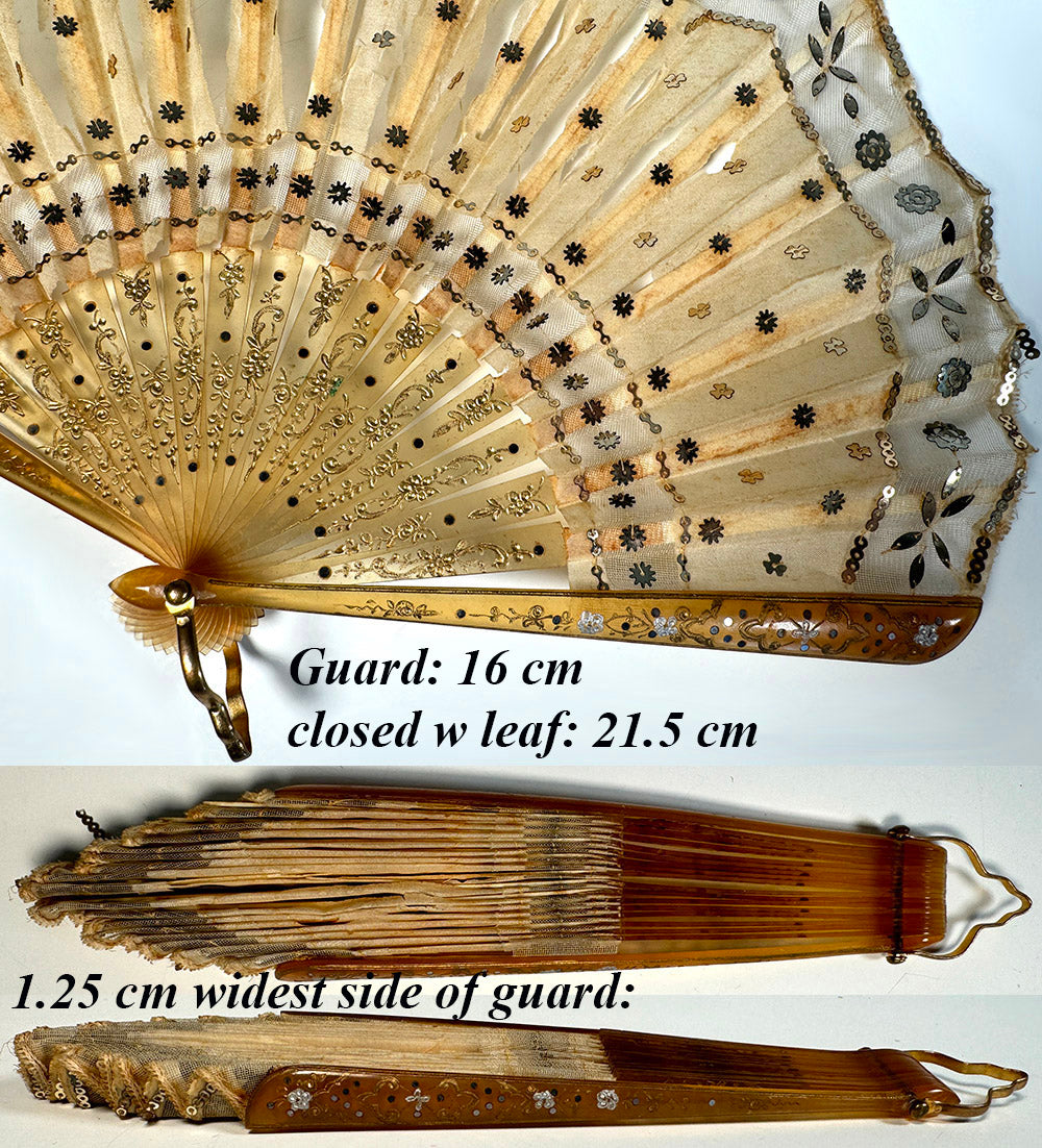 Antique French Hand Fan, Horn Monture, Silk & Sequin Embroidered Leaf, Ballon, 16 cm Guard