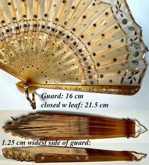 Antique French Hand Fan, Horn Monture, Silk & Sequin Embroidered Leaf, Ballon, 16 cm Guard