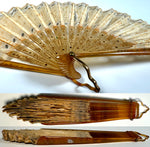 Antique French Hand Fan, Horn Monture, Silk & Sequin Embroidered Leaf, Ballon, 16 cm Guard