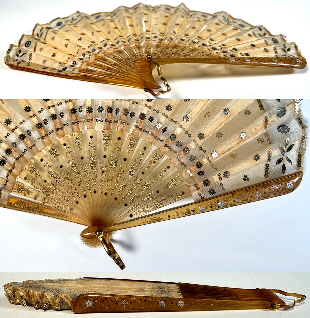 Antique French Hand Fan, Horn Monture, Silk & Sequin Embroidered Leaf, Ballon, 16 cm Guard