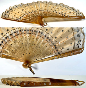 Antique French Hand Fan, Horn Monture, Silk & Sequin Embroidered Leaf, Ballon, 16 cm Guard