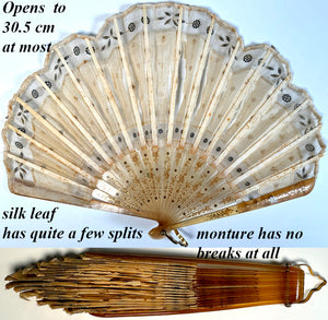 Antique French Hand Fan, Horn Monture, Silk & Sequin Embroidered Leaf, Ballon, 16 cm Guard