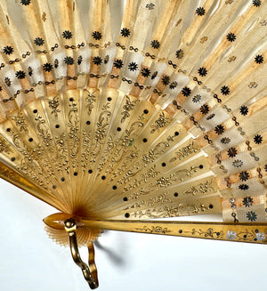 Antique French Hand Fan, Horn Monture, Silk & Sequin Embroidered Leaf, Ballon, 16 cm Guard