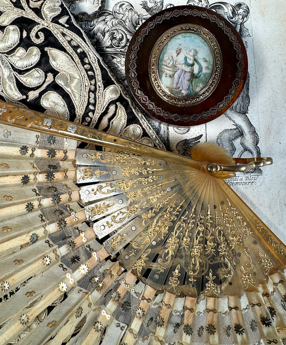 Antique French Hand Fan, Horn Monture, Silk & Sequin Embroidered Leaf, Ballon, 16 cm Guard