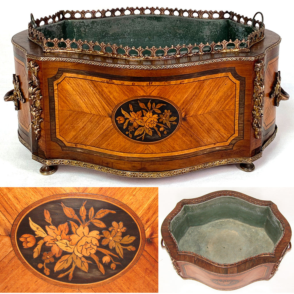 Antique French 13.5" Marquetry Inlay Jardiniere or Plant Box, Floral Medallions