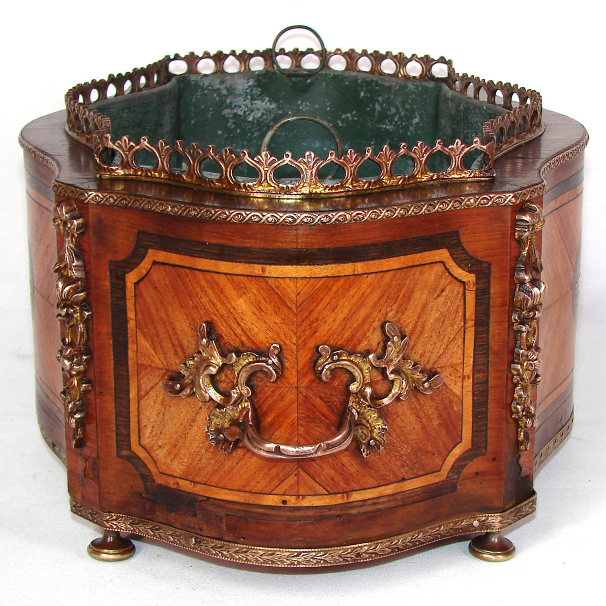 Antique French 13.5" Marquetry Inlay Jardiniere or Plant Box, Floral Medallions