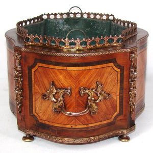 Antique French 13.5" Marquetry Inlay Jardiniere or Plant Box, Floral Medallions