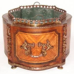 Antique French 13.5" Marquetry Inlay Jardiniere or Plant Box, Floral Medallions