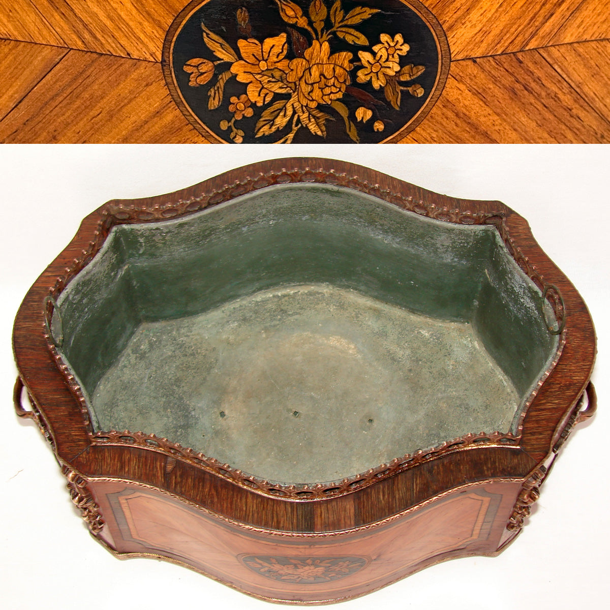 Antique French 13.5" Marquetry Inlay Jardiniere or Plant Box, Floral Medallions