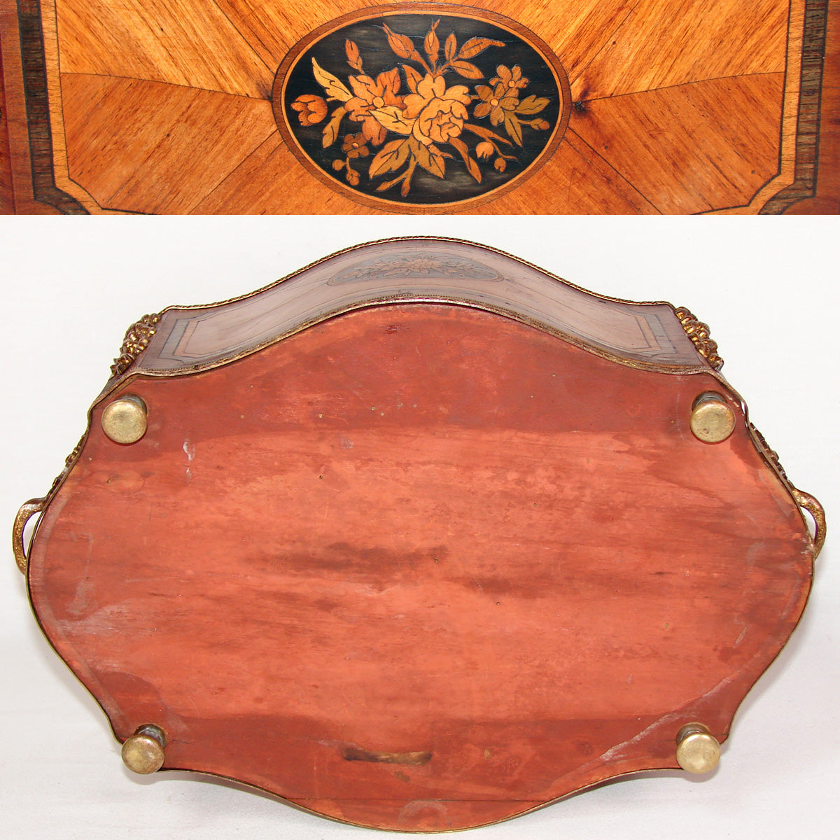 Antique French 13.5" Marquetry Inlay Jardiniere or Plant Box, Floral Medallions