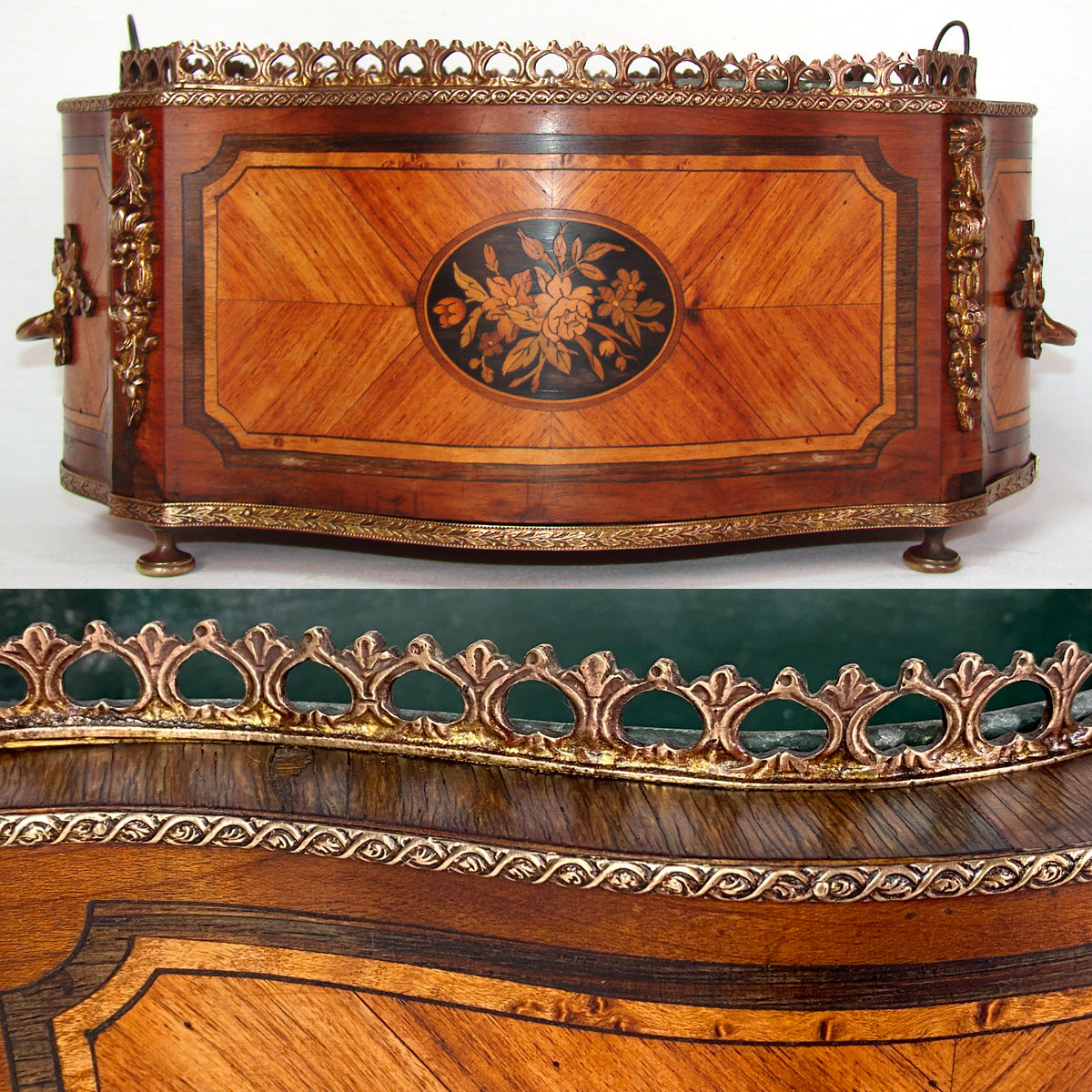 Antique French 13.5" Marquetry Inlay Jardiniere or Plant Box, Floral Medallions