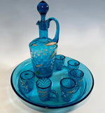 Antique French Liqueur Service, Decanter and 6 Cups, Tray in Electric Blue & Art Glass