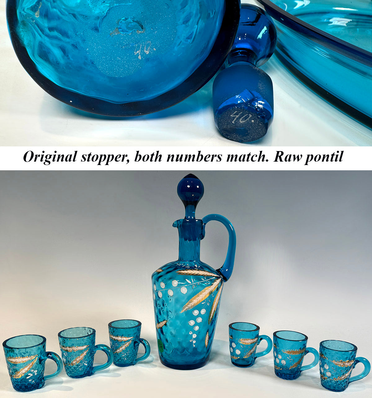 Antique French Liqueur Service, Decanter and 6 Cups, Tray in Electric Blue & Art Glass