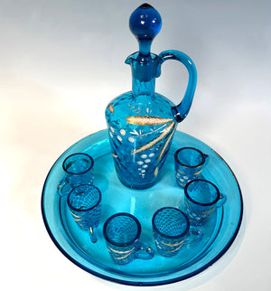 Antique French Liqueur Service, Decanter and 6 Cups, Tray in Electric Blue & Art Glass