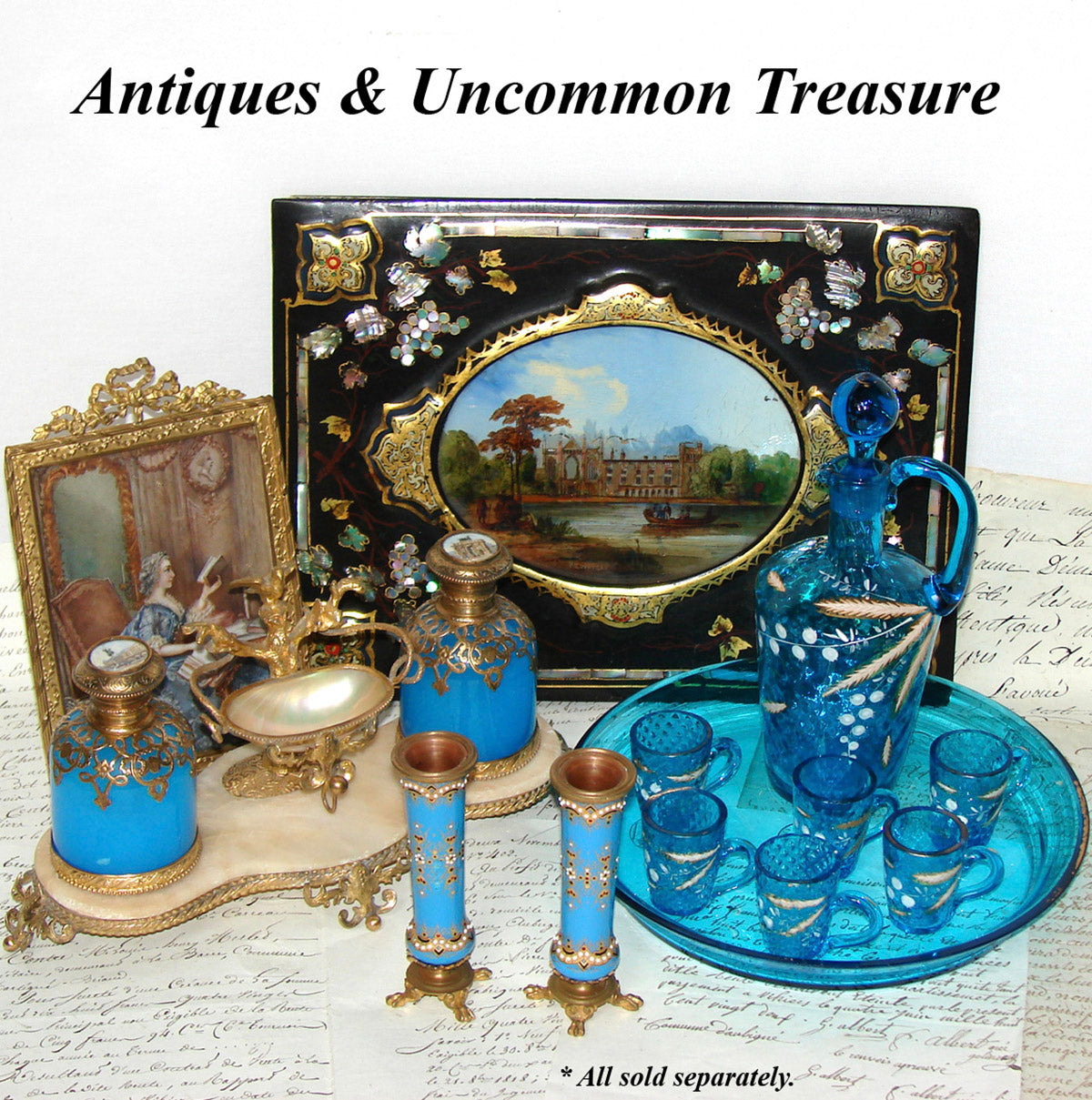 Antique French Liqueur Service, Decanter and 6 Cups, Tray in Electric Blue & Art Glass