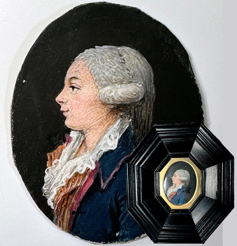 Fine Antique 18th Century Portrait Miniature, Profile Young Noble with Powdered Wig, Ruffled Collar