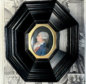 Fine Antique 18th Century Portrait Miniature, Profile Young Noble with Powdered Wig, Ruffled Collar