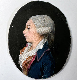 Fine Antique 18th Century Portrait Miniature, Profile Young Noble with Powdered Wig, Ruffled Collar