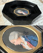 Fine Antique 18th Century Portrait Miniature, Profile Young Noble with Powdered Wig, Ruffled Collar