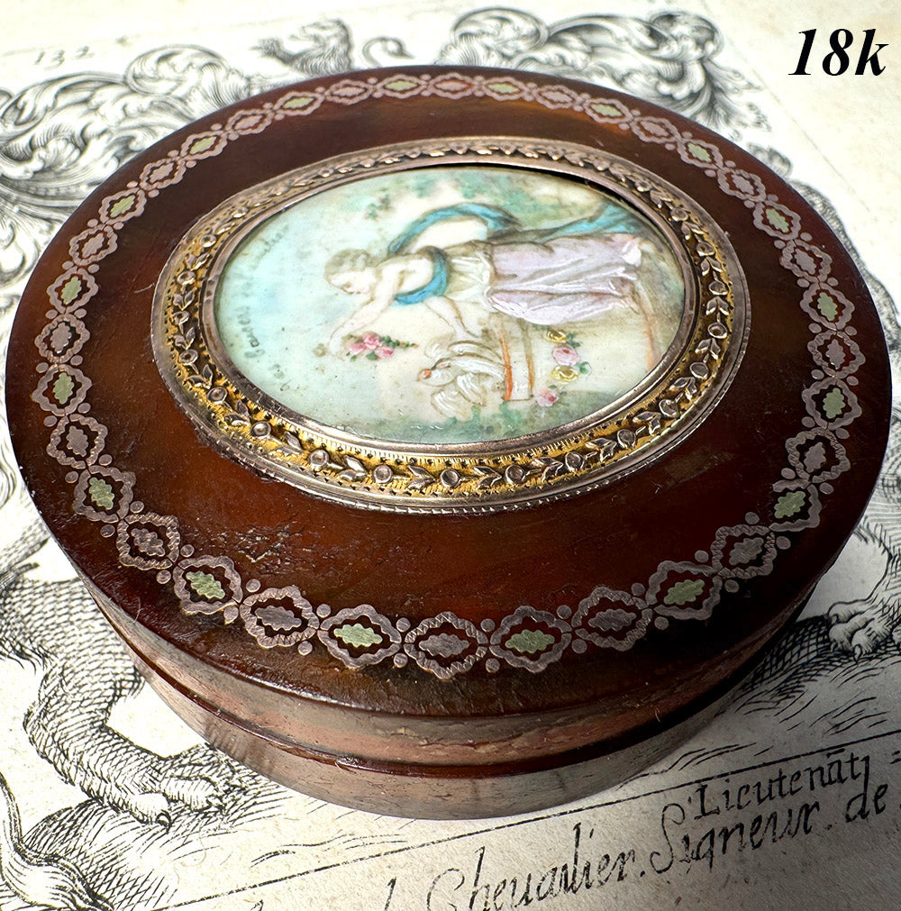 Antique 18th Century French Snuff or Bonbon Box, Patch Box with 18k Pique & Mount Portrait Miniature "Love"