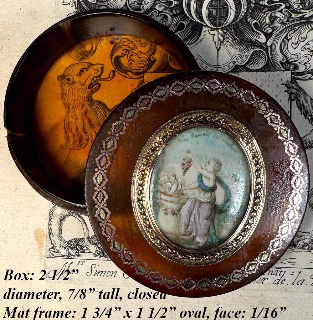 Antique 18th Century French Snuff or Bonbon Box, Patch Box with 18k Pique & Mount Portrait Miniature "Love"