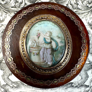 Antique 18th Century French Snuff or Bonbon Box, Patch Box with 18k Pique & Mount Portrait Miniature "Love"