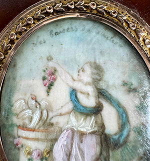 Antique 18th Century French Snuff or Bonbon Box, Patch Box with 18k Pique & Mount Portrait Miniature "Love"