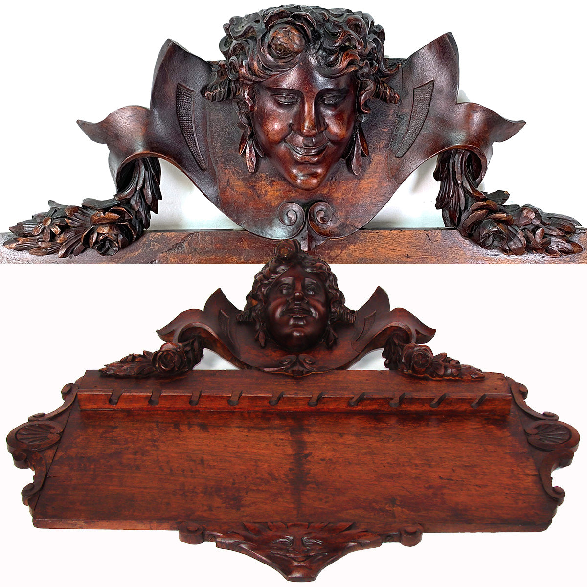 Lg Antique Victorian Era 30" Carved Wall Panel, Long Stem Pipe Display Rack, Figural Bust