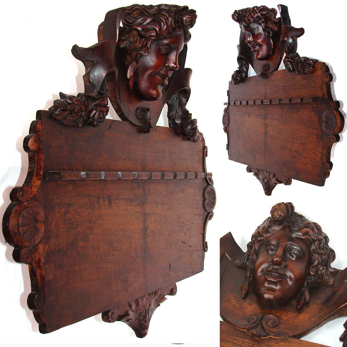 Lg Antique Victorian Era 30" Carved Wall Panel, Long Stem Pipe Display Rack, Figural Bust