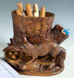 Antique Swiss Black Forest Carved Wood Tree Stump Tobacco or Cigar Stand w Fox and Nest